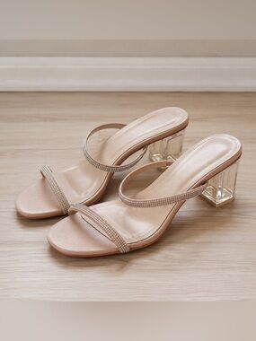 Nude Rhinestone Strap Clear Block Heel Sandals size 41